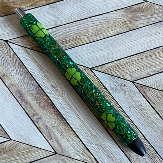 Green Glitter Pen with green & gold clovers